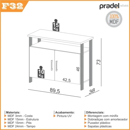 Balcao 90cm 2 Portas 100% MDF F32 Dalla Costa (1446) - Imagem 4