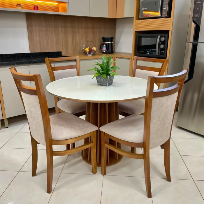 1,05m - Dalla Costa - Mesa para Cozinha TB71 WJ MDF Redonda 105cm (CD 2829) + 04 Cadeiras Vitoria Imbuia Tec 184 (CD 1698) (1)