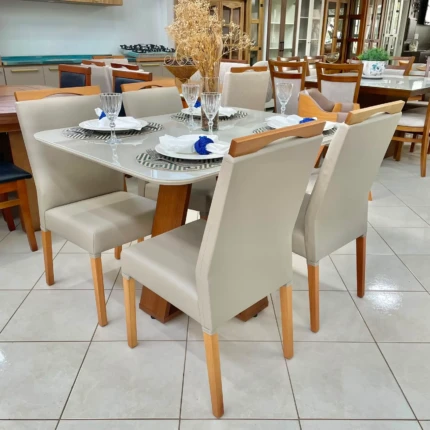 Mesa 1,20 Celeste com Vidro Off White (464) com 4 Cadeiras Betina Facto IMPERMEAVEL (3884)