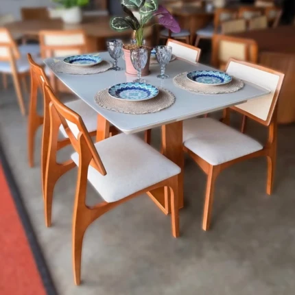 Mesa 1,20 Celeste com Vidro Off White (464) com 4 Cadeiras Romana Amendoada (3788)