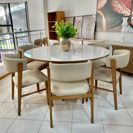 Mesa 1,50m Iara com vidro (6208) com 6 Cadeiras Ana em Madeira Curvo Imbuia (3662)