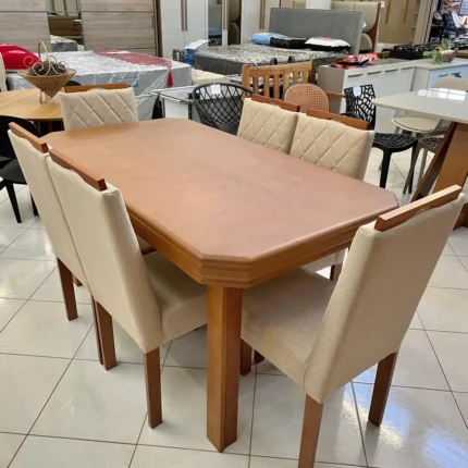 Mesa 1,55m Perola (2600) com 6 Cadeiras em Madeira e tecido Linho (3961)