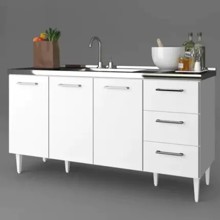 Balcao 1,58m 3 Portas 3 Gavetas com Pia de Inox (1730-3483)