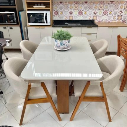 Mesa 1,60m Celeste Vidro Off (555) com 4 Cadeira Dora com Braço em Tecido Linho (4208) - Imagem 3