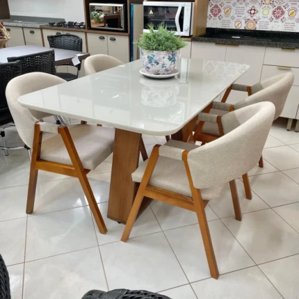 Mesa 1,60m Celeste Vidro Off (555) com 4 Cadeira Dora com Braço em Tecido Linho (4208)