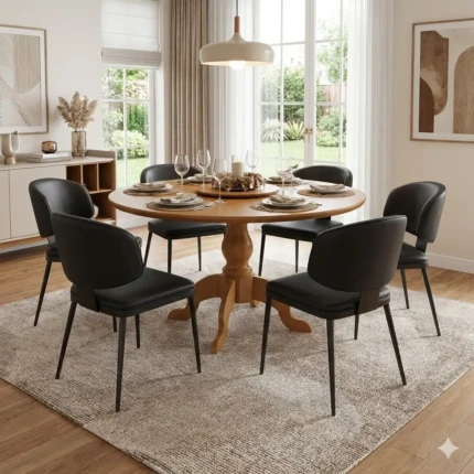 Mesa Redonda 1,60m Torneada (1576) com 06 Cadeiras Siena estofada em Couro Preto (5324)