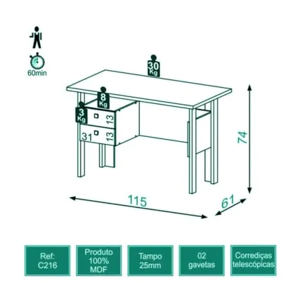 Mesa Escritorio 1,15m C216 MDF Branco (2736) - Imagem 6