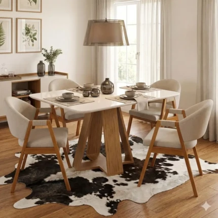 Mesa 1,20m Celeste Vidro Off (464) com 4 Cadeira Dora com Braço em Tecido Linho (4208)