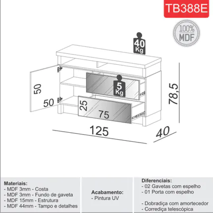 Balcao Buffet 1,25m TB388 MDF Off White com Espelhos (4086) - Imagem 5