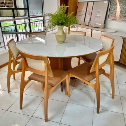 Mesa 1,50m Iara com vidro (6208) com 6 Cadeiras Romana em Tela (5051)