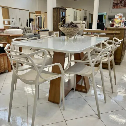 Mesa 1,60m com Vidro Off White (555) com 6 Cadeiras Allegra Aviv Nude (3909)