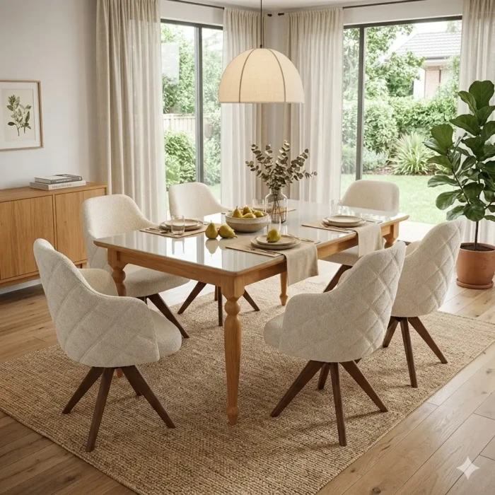 1,60m - Flamingo - Mesa Helena COM VIDRO OFF WHITE (CD 2973) + 6 Poltrona Giratoria Leia Tecido Boucle (2858)