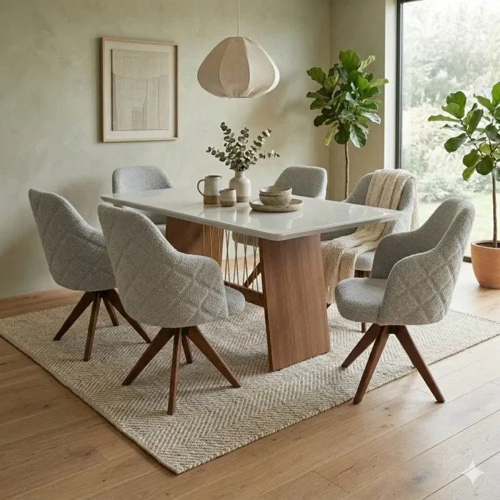 1,60m - Kappesberg - Mesa BA56-TA26 vidro Off (CD 5390) + 6 Poltrona Giratoria Leia Tecido Boucle (2858)