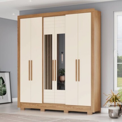 Roupeiro 1,94m 6 Portas B366 com Espelhos Nature/Off White (3745-2536) - Imagem 1