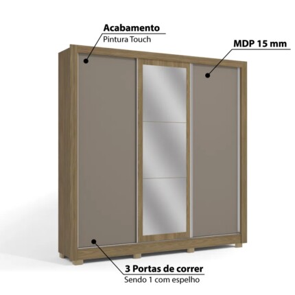 Roupeiro 2,23m 3 Portas Deslizantes com Espelho PM570 (3149) - Imagem 6