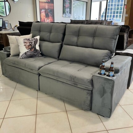 Sofa 2,30m Munique com Braço Porta Copos Cinza (2688) - Imagem 6
