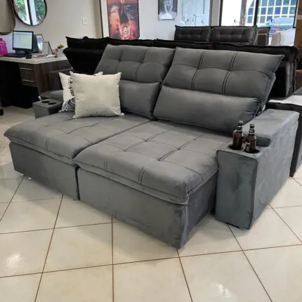 Sofa 2,30m Munique com Braço Porta Copos Cinza (2688) - Imagem 1