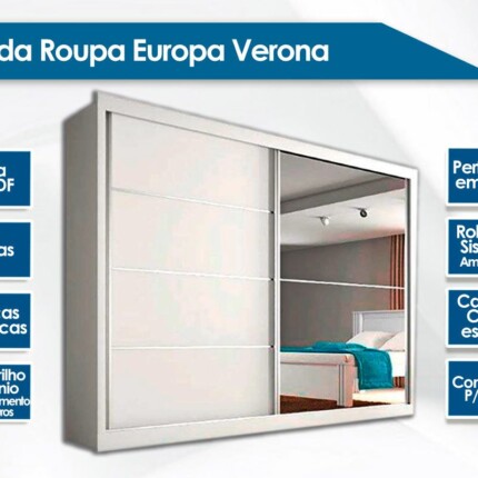 Roupeiro 2,06m 2 Portas Deslizantes Com Espelho Verona MDF Branco (6803) - Imagem 3