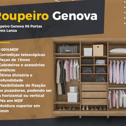 Roupeiro 2,44m 6 Portas MDF Genova Branco (509) - Imagem 3