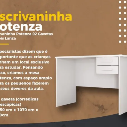 Mesa Escritorio 1,07m Potenza MDF Branco (3626) - Imagem 3