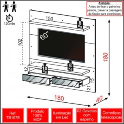 Painel 1,80m TB107E em MDF NOBRE com Espelhos (4878) - Imagem 4