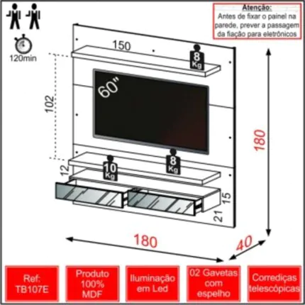 Painel 1,80m TB107E em MDF NOBRE com Espelhos (4878) - Imagem 4