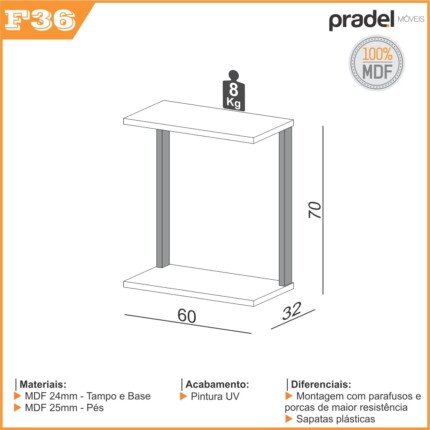 Mesa Lateral para Encaixar no Sofá F36 60cm Dalla Costa (1547) - Imagem 5
