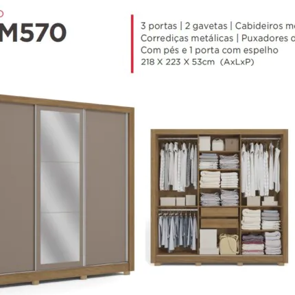 Roupeiro 2,23m 3 Portas Deslizantes com Espelho PM570 (3149) - Imagem 3