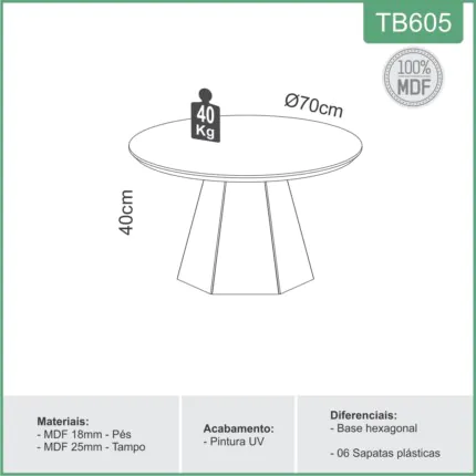 Mesa Centro Redonda 70cm TB605 (1271) - Imagem 5
