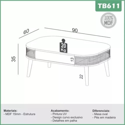 Mesa Centro TB340 com Tela Sintética 90cm (5907) - Imagem 6