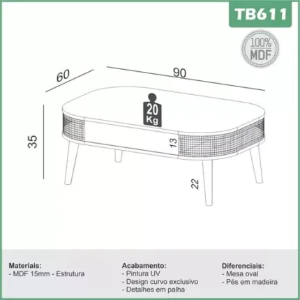 Mesa Centro MDF TB340 com Tela Sintética 90cm (5907) - Imagem 5