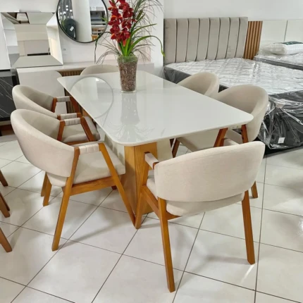 Mesa Dala 1,80m Vidro Off (4342) com 6 Cadeiras Dora Linho (4208) - Imagem 3