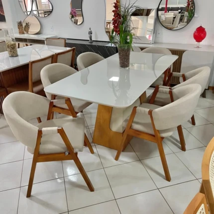 Mesa Dala 1,80m Vidro Off (4342) com 6 Cadeiras Dora Linho (4208)