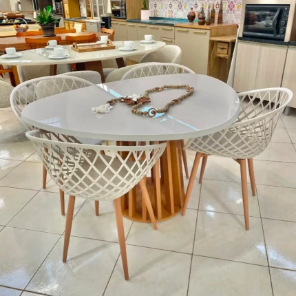 Mesa Organica Ripada com Vidro Off White (4678) com 4 Cadeiras Monaco Nude (2340)