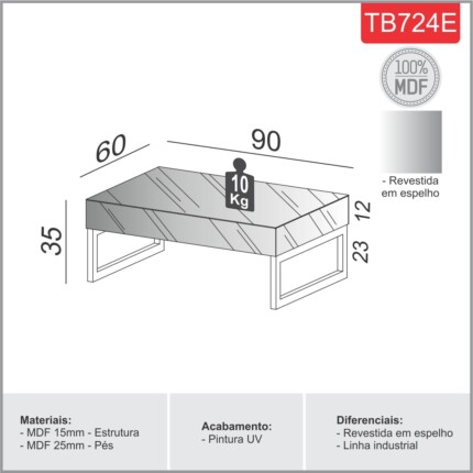 Mesa de Centro TB724 com Espelhos 90cm (2726) - Imagem 5