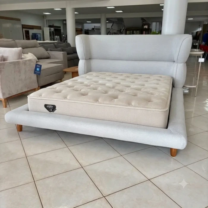 Vallure - Cama QUEEN Zara Tecido TEC 9031-A LINHO 206X234X114cm (CD 5886) + Colchão Relax Fresh CAMOMILA Ecoflex (CD 1495)