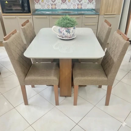 Mesa 1,20m Celeste com Vidro Off (464) com 4 Cadeiras de Madeira e Linho (3961)