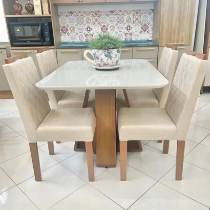 Mesa 1,20m Celeste com Vidro Off (464) com 4 Cadeiras de Madeira e Linho (3961)