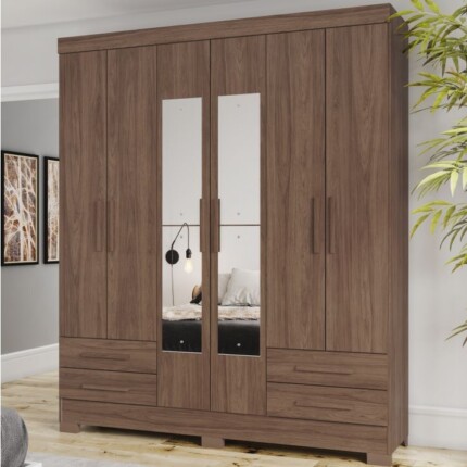 Roupeiro 1,63m 6 Portas B63 Castanho Com Espelho (4174) - Imagem 1