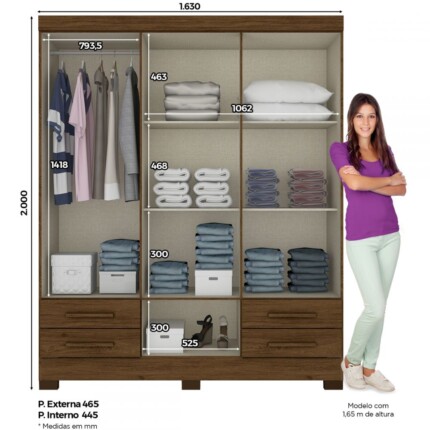 Roupeiro 1,63m 6 Portas B63 Castanho Com Espelho (4174) - Imagem 2