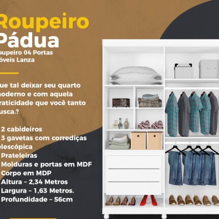 Roupeiro 1,63m 4 Portas Padua Branco (2533) - Imagem 3