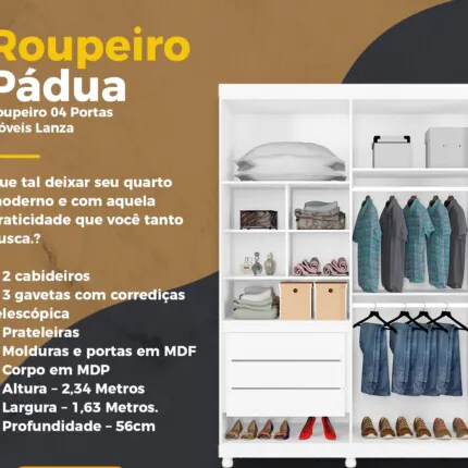 Roupeiro 1,63m 4 Portas Padua Branco (2533) - Imagem 3