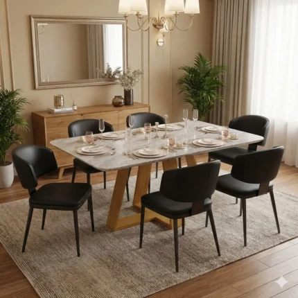 Mesa Celeste Quartzo 1,70m (5472) com 06 Cadeiras Siena estofada em Couro Preto (5324)