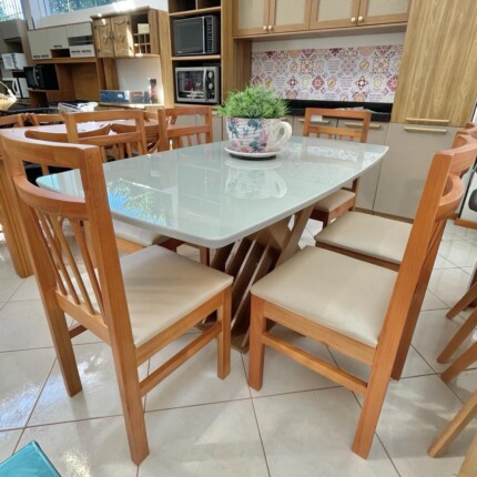 Mesa 1,70m Graviola Vidro Off (3960) com 6 Cadeiras Paris Tecido Impermeavel (234) - Imagem 1