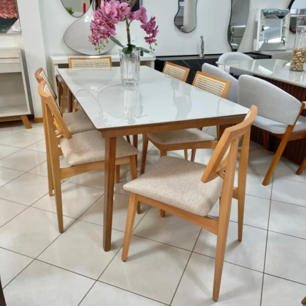 Mesa 1,80m Vidro Off Larissa (991) com 6 Cadeiras Ayla com Tela Natural (2818) - Imagem 3