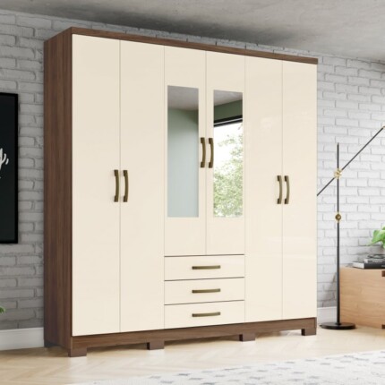 Roupeiro 1,82m 6 Portas Caju com Espelho Off White (586-2536)