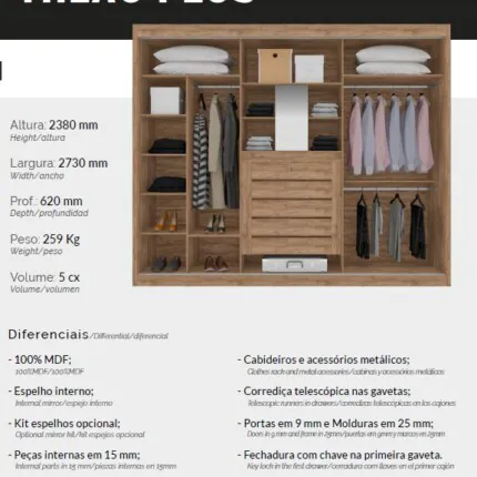 Roupeiro 2,73m 3 Portas Deslizantes Milao Plus 100% MDF Off com Espelhos (4226-3846) - Imagem 3