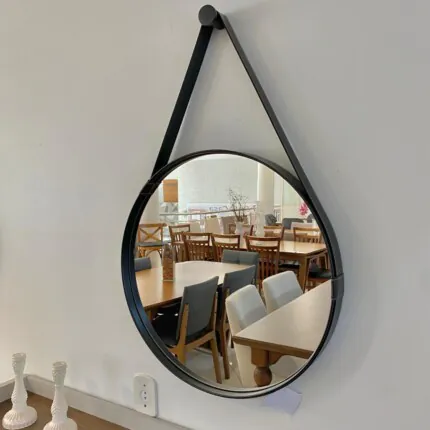 Espelho Redondo 62cm com Alça em Couro Aqua+ Preto (3621)