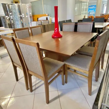 Mesa Quadrada Piramidy Imbuia (2227) com 8 Cadeiras Karol Linho (2585) - Imagem 1