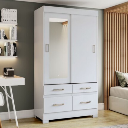 Roupeiro 1,10m 2 Portas Deslizantes BE25 Branco com Espelho (1489) - Imagem 1